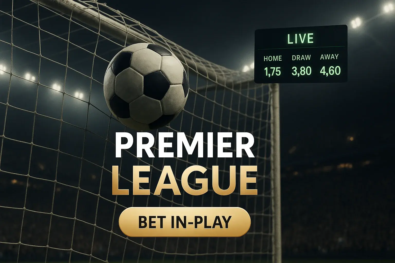 Photorealistic Premier League stadium banner with live odds and in-play CTA