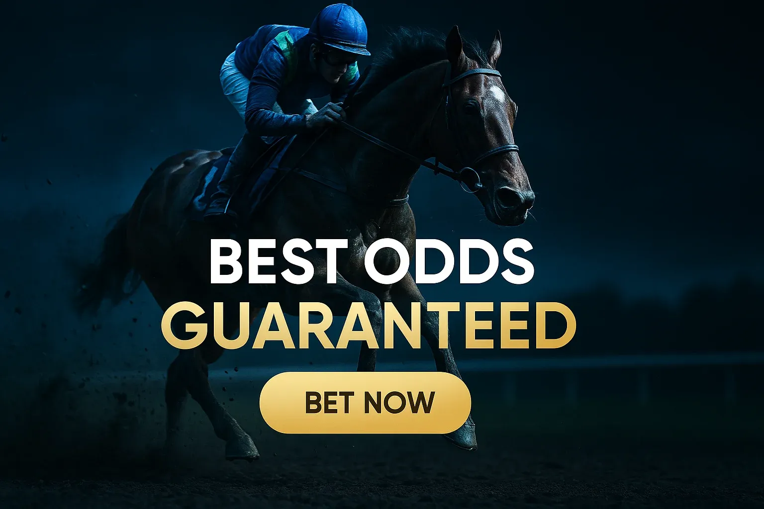 Photorealistic horse racing banner with galloping racehorse, mud spray and CTA text