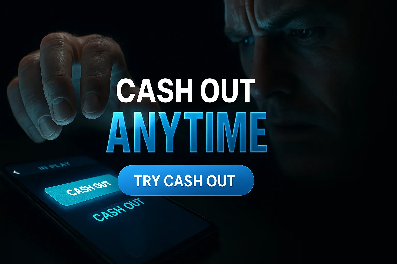 In-play cash out button glowing on smartphone, tense British hand hovering