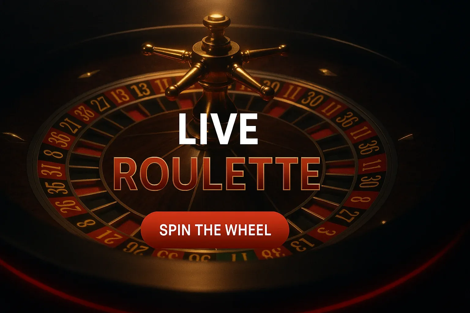 Photorealistic live roulette casino banner with spinning wheel and CTA button