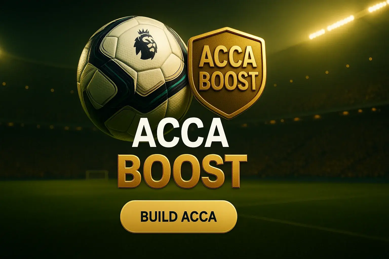 Photorealistic football stadium banner with glowing ball, Acca Boost and CTA