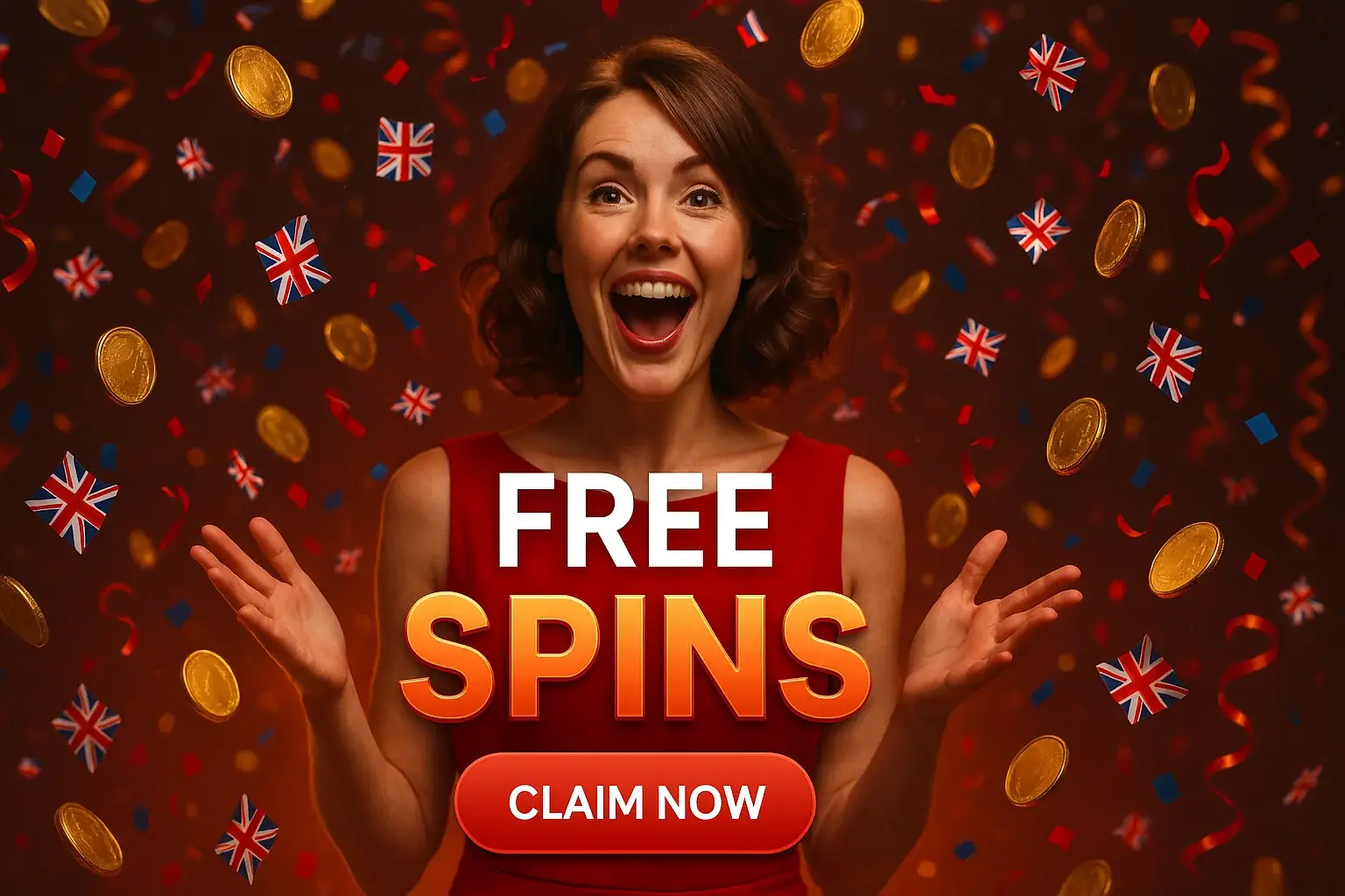 British woman in red dress with Union Jack confetti and gold coins