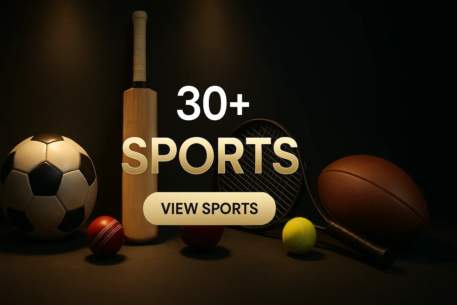 Photorealistic British sports betting banner with football, cricket, tennis and rugby balls